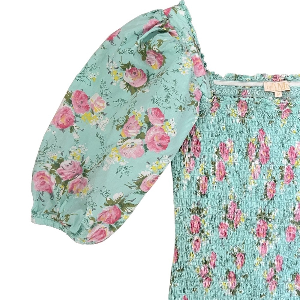 BYTIMO Dropped Waist Camelia Shirred Floral-print Cotton Mini Dress Turquoise M - Picture 9 of 12